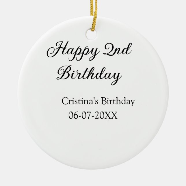 Adorno De Cerámica caligrafía simple mínimo feliz segundo cumpleaños (Frente)