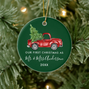 Adorno De Cerámica Caligrafía Sr. Sra. First Christmas Truck Green