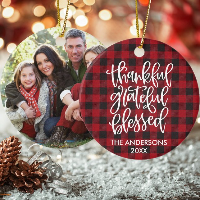 Adorno De Cerámica Calligraphy Thankful Grateful Blessed Plaid Photo (Customize to change your personalized text size or text style.)