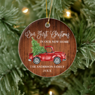 Adorno De Cerámica Calligraphy Wood First Christmas New Home Truck