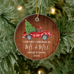 Adorno De Cerámica Calligraphy Wood Sr Sra. Navidades Red Truck