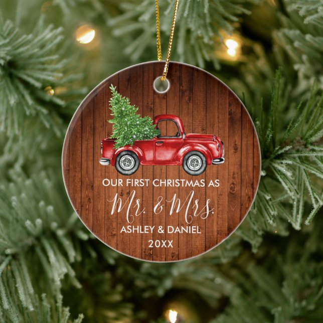 Adorno De Cerámica Calligraphy Wood Sr Sra. Navidades Red Truck (Árbol)