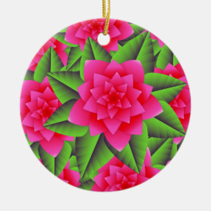 Adorno De Cerámica Camellias rosas Fuschia y hojas verdes