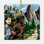 Adorno De Cerámica Camino de Senderismo en pareja a través de las mon<br><div class="desc">Un adorno navideño personalizado para alguien a quien le gusta el senderismo y las montañas. Chica asiático y hombre afroamericano haciendo senderismo por la A.T. juntos.</div>