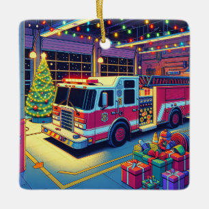 Adorno De Cerámica Camión de bomberos en árbol y regalo de Navidad en