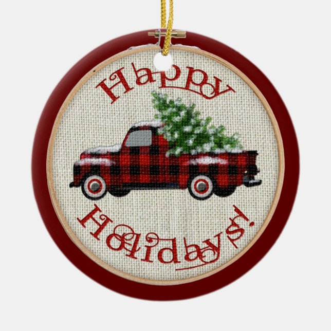Adorno De Cerámica Camión de época | Navidades de Embroidery Hoop (Frente)