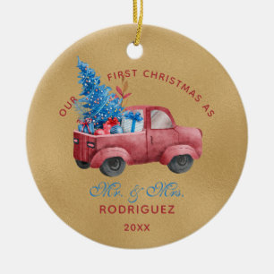 Adorno De Cerámica Camión de Navidades rojos acuarela foto de recién