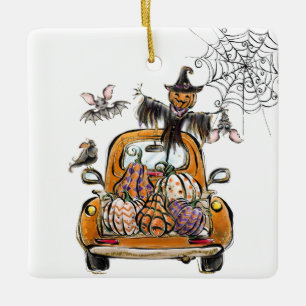 Adorno De Cerámica Camión de parche de calabaza de otoño con pájaro e