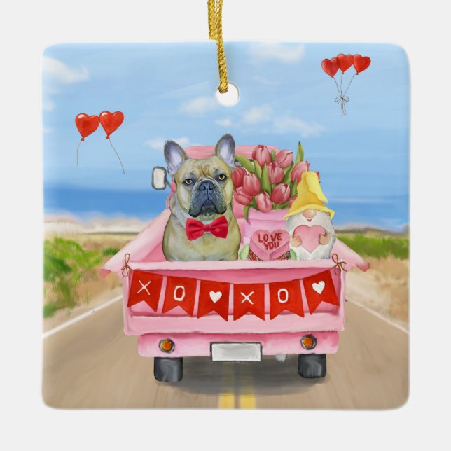 Adorno De Cerámica Camión El día de San Valentín de Bulldog francés (Anverso)