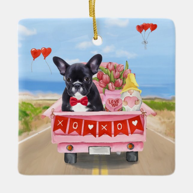 Adorno De Cerámica Camión El día de San Valentín de Bulldog francés (Anverso)