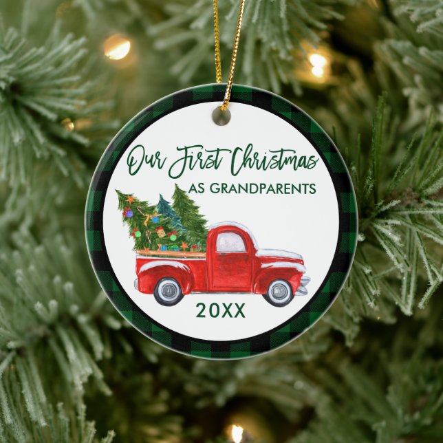 Adorno De Cerámica Camión primera Navidad: Abuelos Green Plaid (Árbol)