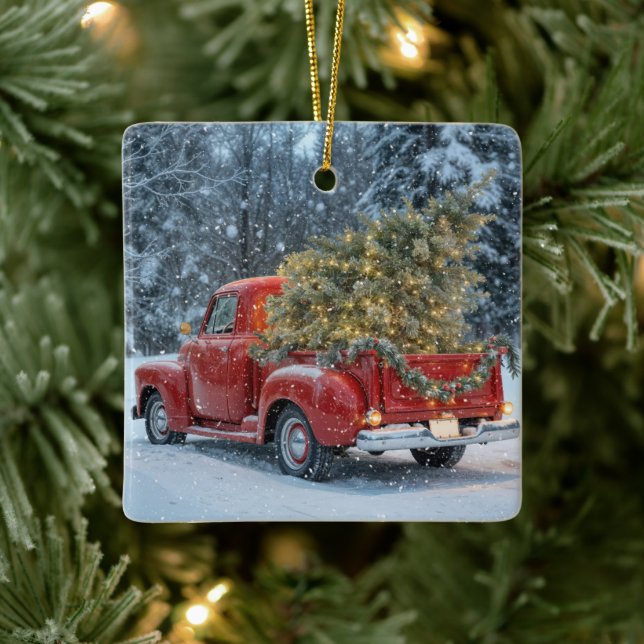 Adorno De Cerámica Camión Retro Rojo Con Árbol De Navidad En Copos De (Árbol)