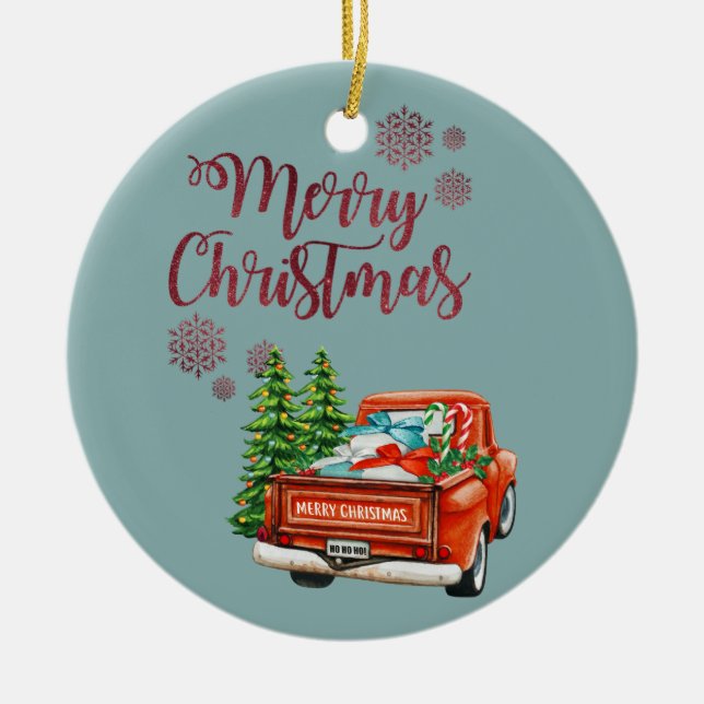 Adorno De Cerámica Camión Rojo Árbol de pino Feliz Navidad (Frente)