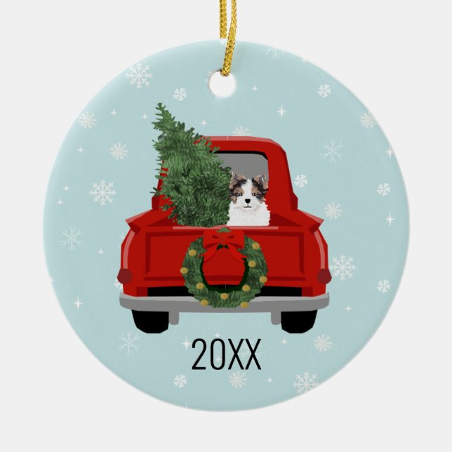 Adorno De Cerámica Camión Rojo de Biewer Terrier Navidades (Frente)