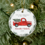 Adorno De Cerámica Camión rojo de criba de época| Primera Navidad Sr.<br><div class="desc">Con un impresionante camión rojo pintado a mano, y su información en el frente con su propia foto personalizada en la parte trasera. Elimine la foto para que el diseño frontal y posterior coincida si lo desea. Un adorno boda hace el regalo perfecto para celebrar la primera Navidad que un...</div>