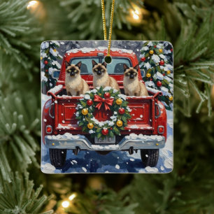 Adorno De Cerámica Camión Rojo de Navidad con Gato Siames