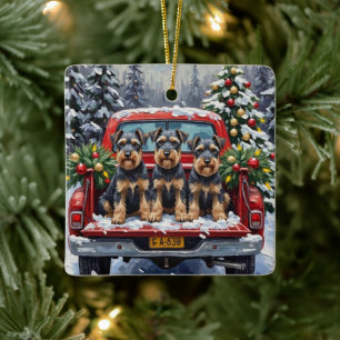 Adorno De Cerámica Camión Rojo de Navidad Schnauzer Fiesta
