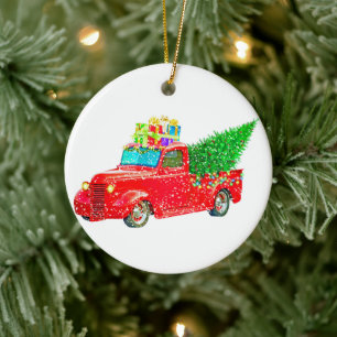 Adorno De Cerámica Camión rojo navidad con un árbol de Navidad y rega