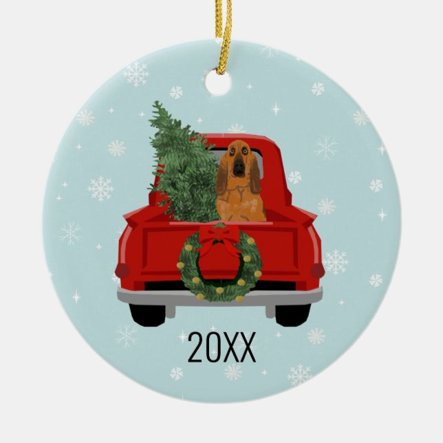 Adorno De Cerámica Camión Rojo Navidades de Perros Bloodhound (Frente)
