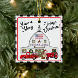 Adorno De Cerámica Camión rojo pequeño y antiguo granero blanco