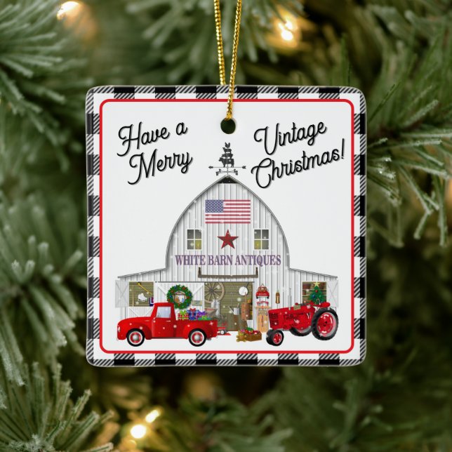 Adorno De Cerámica Camión rojo pequeño y antiguo granero blanco (Árbol)