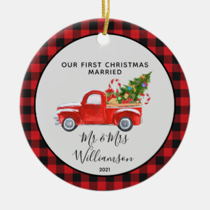 Adorno De Cerámica Camión Rojo Primera Navidad Casado Búfalo Tapado