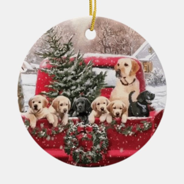 Adorno De Cerámica Camión Rojo Retro De Navidades Cuidados Con Perros (Frente)