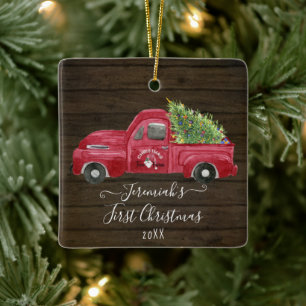 Adorno De Cerámica Camión Rojo Rustic Wood Baby Christmas Tree Photo