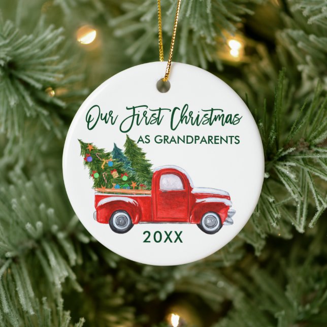 Adorno De Cerámica Camión Rojo Verde Primera Navidad como abuelos (Árbol)
