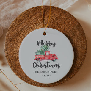 Adorno De Cerámica Camión Rojo y Árbol Feliz Navidad