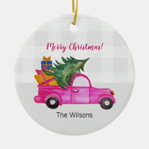 Adorno De Cerámica Camión Rosa de Navidad Lindo Con Árbol y Deseos