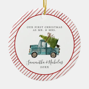 Adorno De Cerámica Camioneta Azul Primera Navidad como Sr. y Sra.