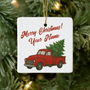Adorno De Cerámica Camioneta roja antigua con árbol de Navidad