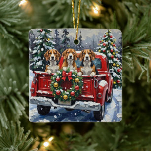 Adorno De Cerámica Camioneta Roja de Navidad Beagle Fiesta