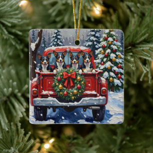 Adorno De Cerámica Camioneta Roja de Navidad Blue Heeler Fiesta