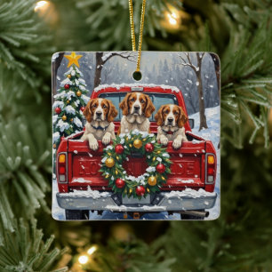 Adorno De Cerámica Camioneta Roja de Navidad Brittany Spaniel Vacacio