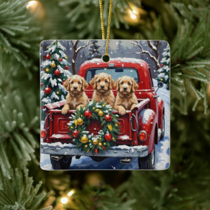 Adorno De Cerámica Camioneta Roja de Navidad Cockapoo Fiesta