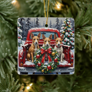 Adorno De Cerámica Camioneta Roja de Navidad con Rat Terrier Festejo