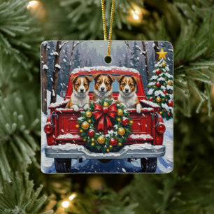 Adorno De Cerámica Camioneta Roja de Navidad con Terrier Australiano