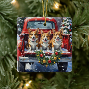 Adorno De Cerámica Camioneta Roja de Navidad Corgi Fiesta