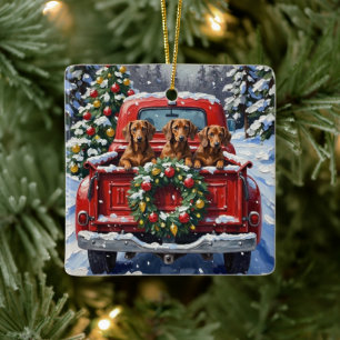Adorno De Cerámica Camioneta Roja de Navidad Dachshund Fiesta