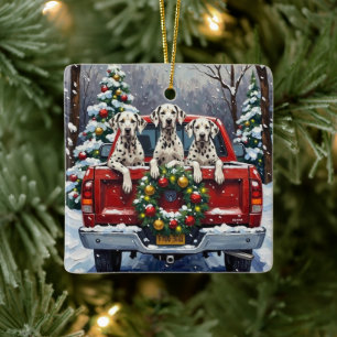 Adorno De Cerámica Camioneta Roja de Navidad Dalmatian