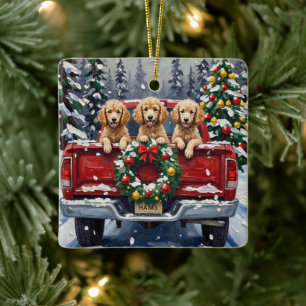 Adorno De Cerámica Camioneta Roja de Navidad de Caniche Fiesta