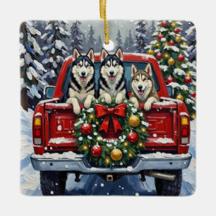 Adorno De Cerámica Camioneta Roja de Navidad Husky Siberiano Fiesta