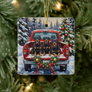 Adorno De Cerámica Camioneta Roja de Navidad Rottweiler Fiesta
