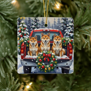 Adorno De Cerámica Camioneta Roja de Navidad Shiba Inu Fiesta