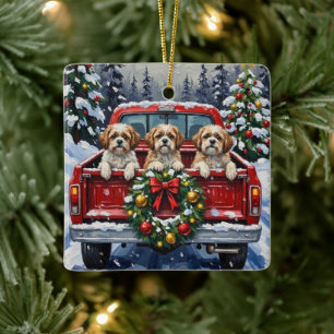 Adorno De Cerámica Camioneta Roja de Navidad Shih Tzu Fiesta