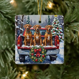 Adorno De Cerámica Camioneta Roja Navideña Rhodesian Ridgeback Vacaci