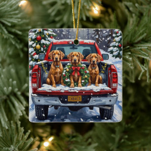 Adorno De Cerámica Camioneta Roja Navideña Weimaraner Fiesta