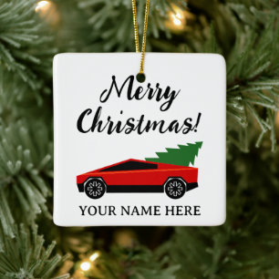 Adorno De Cerámica Camioneta Tesla roja con árbol de Navidad retro